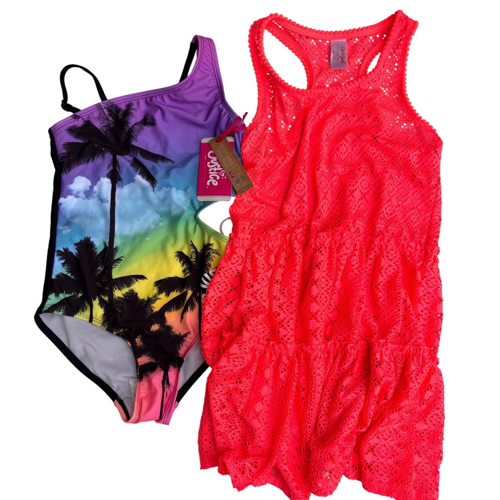 One-Piece Swimsuit & Cat & Jack Cover-Up Girls 10/12 Pink Rainbow NWT
